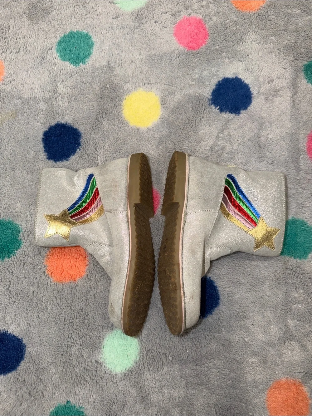 Mini Boden Silver Glitter Boots with Rainbow Star Accent Girls size 3 - EU34